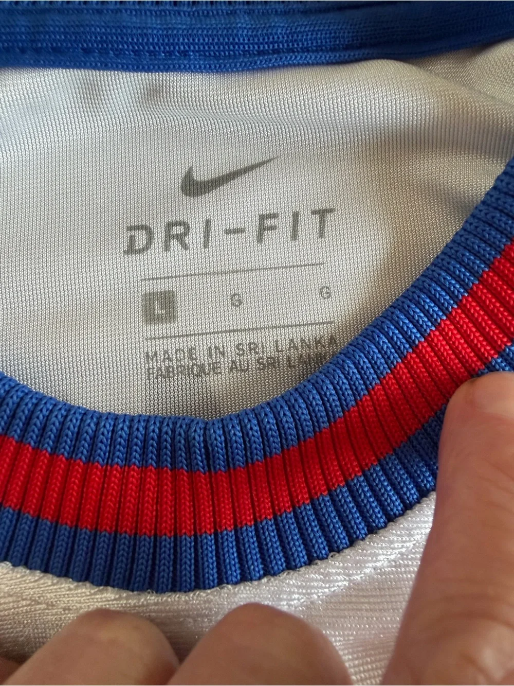 Nike Men’s Dri-FIT White Jersey with Blue and Red Trim.  LeBron James, TuneSquad